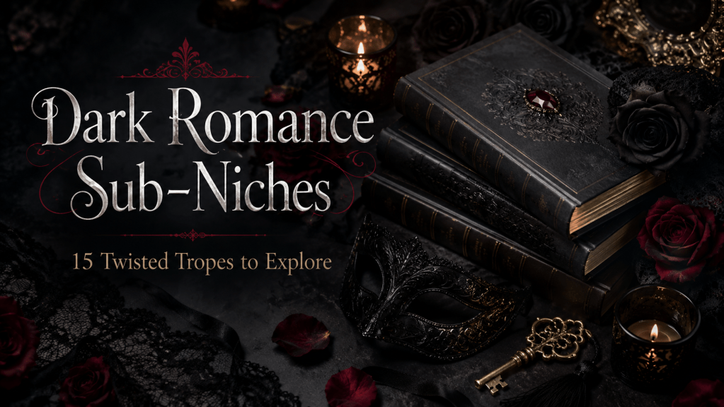 Dark romance sub-niches book recommendations with gothic books, candles, and moody shadows