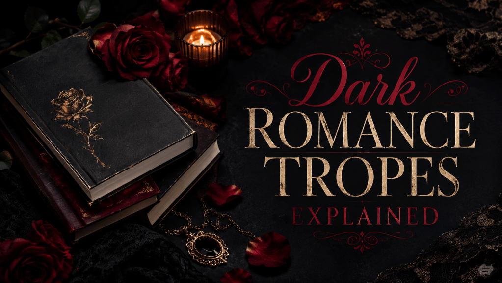 Dark romance tropes explained with gothic books, red roses, candles, and moody shadows