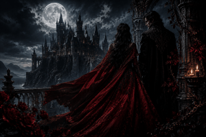 Fantasy villain romance books aesthetic with a dark castle, glowing moon, red cloak, and gothic romantic danger
