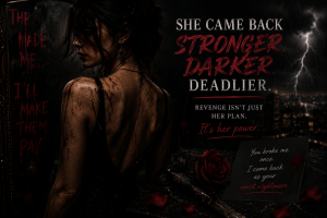 Female revenge dark romance aesthetic with a woman in shadows, red lipstick, and a stormy background