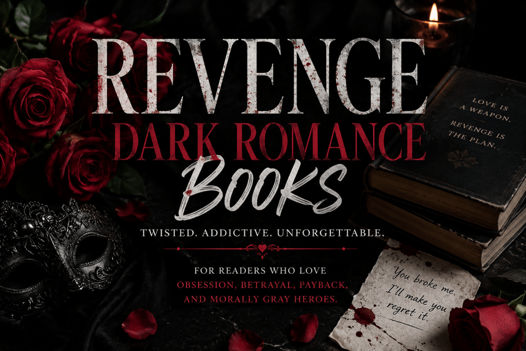 Revenge dark romance books with roses, shadows, and a dramatic gothic book aesthetic