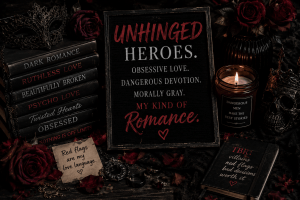 Dark romance TBR aesthetic for unhinged heroes, obsessive love stories, possessive men, and morally gray romance books.