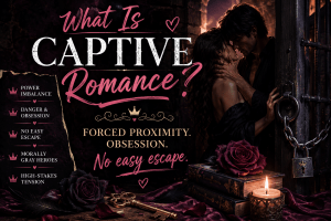 Captive romance trope explanation graphic with dark romantic mood, locked door, candlelight, and gothic book aesthetic