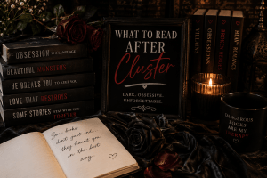 Romantic dark bookish aesthetic with stacked books, moody decor, deep red accents, and a what to read after Cluster theme