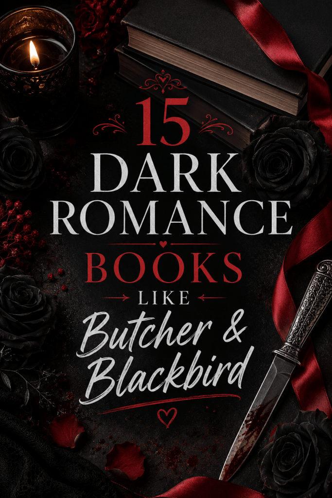 Dark romance books like Butcher and Blackbird with black roses, knives, blood-red accents, and moody gothic atmosphere.