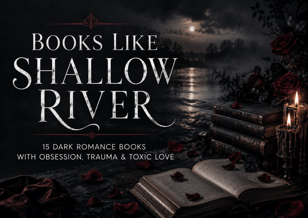 Dark romance aesthetic image for books like Shallow River with moody river setting, red roses, and gothic atmosphere