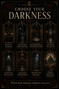 Choose your favorite dark romance subgenre from mafia, stalker, psychological, gothic, captive, villain, monster, and fantasy romance.