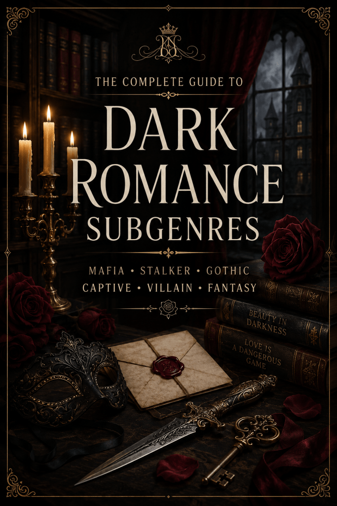 Complete guide to dark romance subgenres including mafia, stalker, gothic, captive, villain, and fantasy romance.
