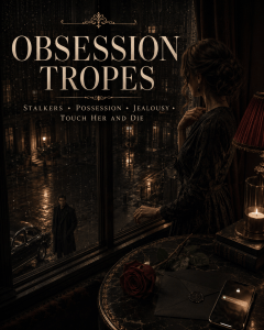 Dark romance obsession tropes represented by a woman at a rainy window and a mysterious man watching from below