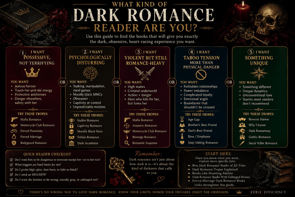 Dark romance reader decision guide for choosing books by obsession, violence, psychological intensity, and relationship style