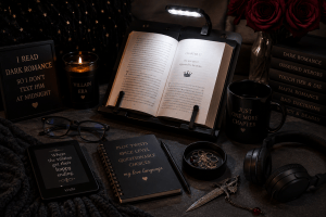 Dark romance reading setup with books, blue light glasses, a reading light, and a dramatic bookmark for late-night reading