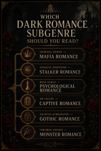 Dark romance subgenre finder matching reader preferences with mafia, stalker, psychological, captive, gothic, and monster romance.