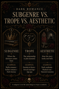Explanation of the difference between a dark romance subgenre, romance trope, and book aesthetic.