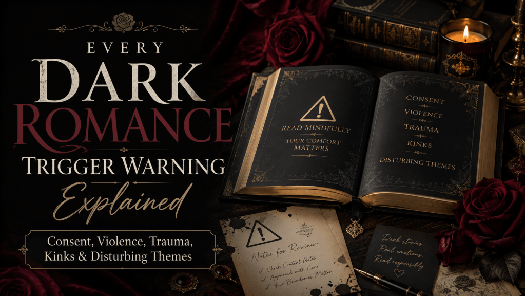 Every dark romance trigger warning explained with an open gothic book, burgundy roses, and candlelight