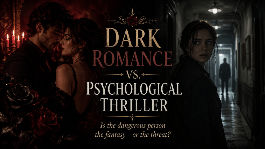 Dark romance vs psychological thriller comparison featuring an obsessive couple and a woman being watched