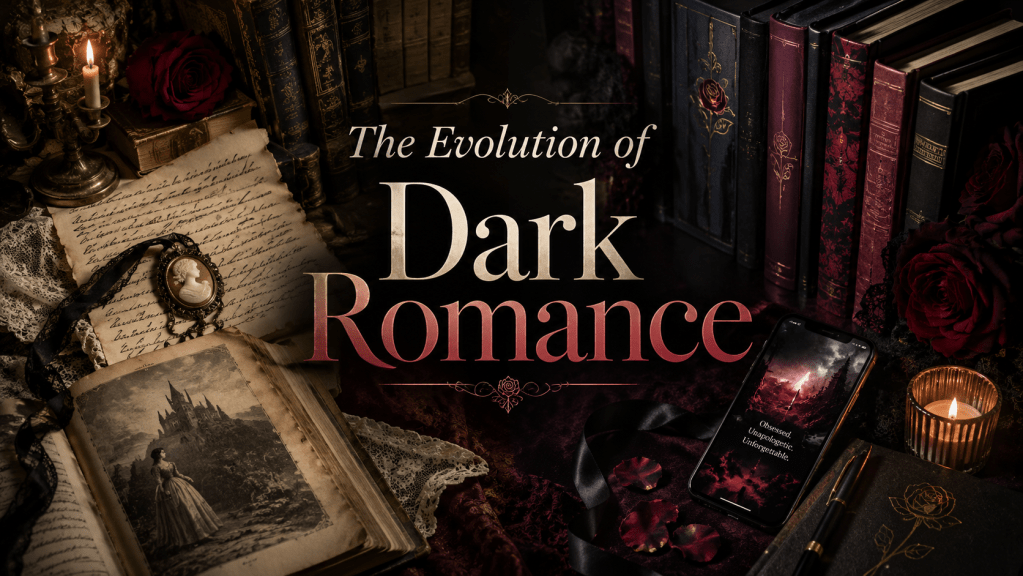Dark romance evolution from gothic classics to modern BookTok obsession with candles, old books, roses, and moody shadows