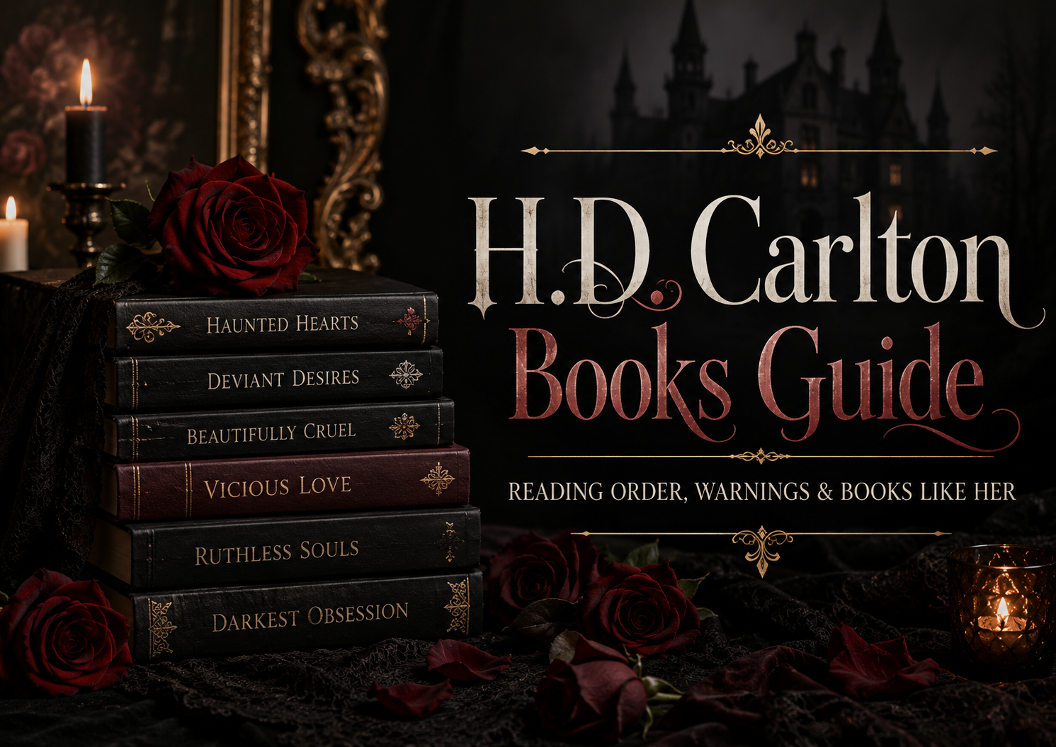 H.D. Carlton books guide with dark romance books, candles, and gothic roses