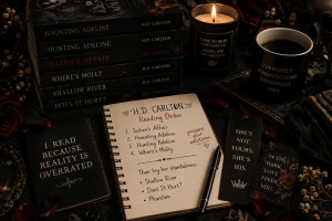 H.D. Carlton books in order reading list with dark romance paperbacks and candle