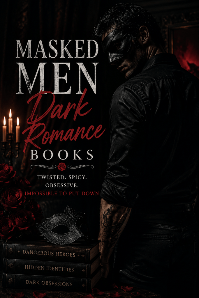 Masked man in dark romance style standing in shadow with moody lighting and a suspenseful bookish atmosphere