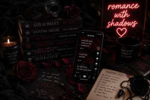 Modern dark romance aesthetic with black book covers, red roses, phone glow, and dramatic BookTok inspired lighting