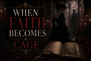 Woman inside a gothic chapel representing religious trauma dark romance books