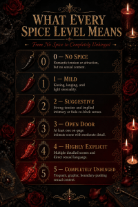 Infographic explaining every romance book spice level from zero to five peppers