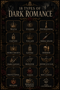 Chart showing 18 types of dark romance, including mafia, stalker, captive, gothic, monster, taboo, and revenge romance.