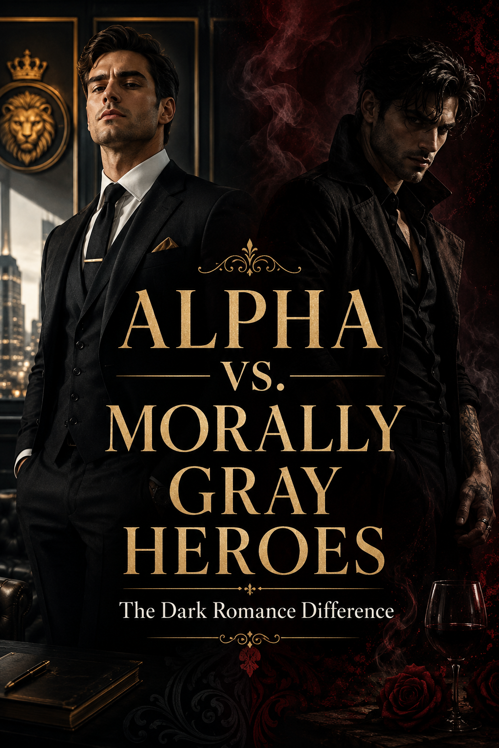 Alpha vs morally gray heroes in dark romance, showing a commanding alpha hero beside a darker morally ambiguous hero.