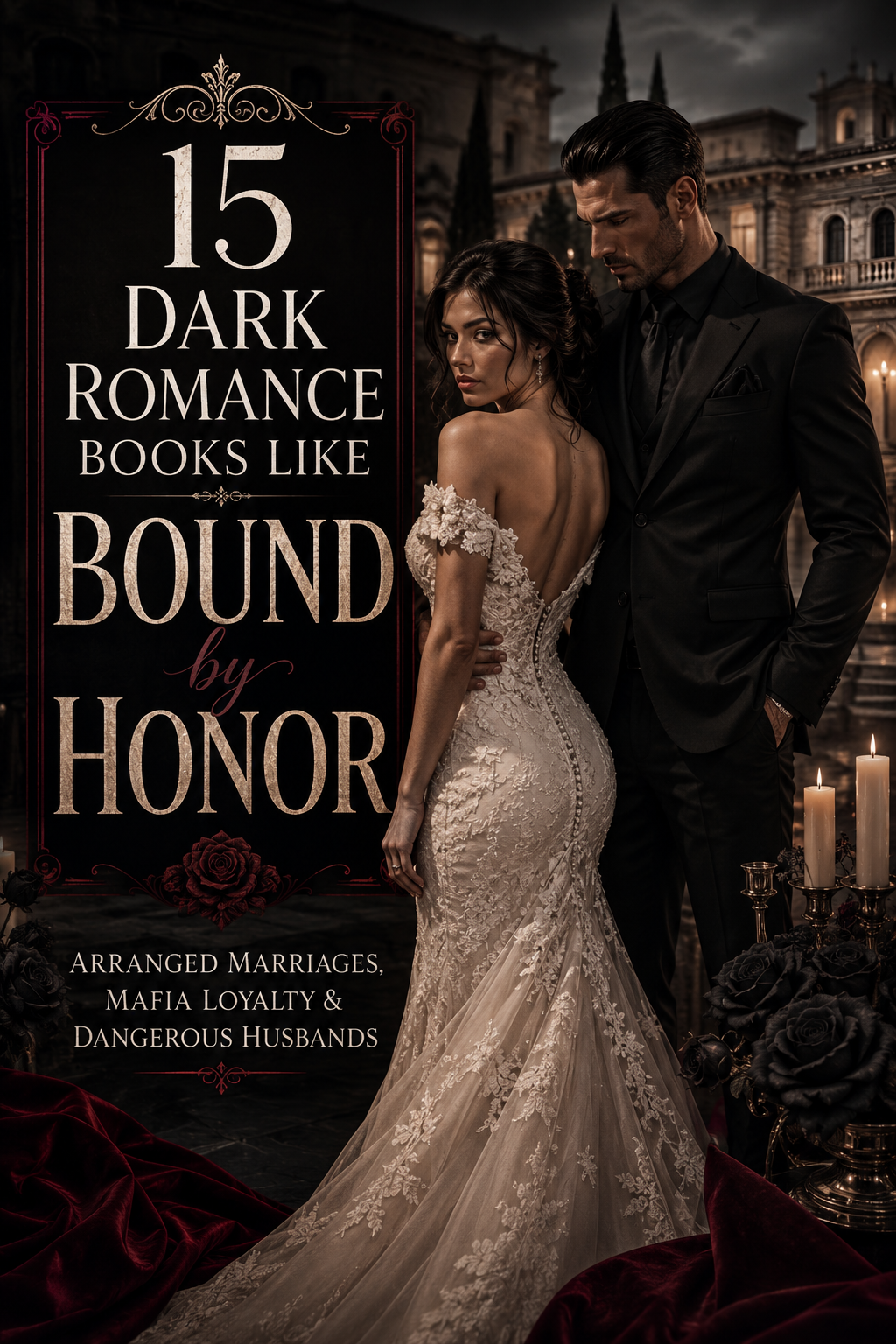 Dark-haired bride in an ivory wedding gown standing beside a possessive mafia husband in a black suit outside a candlelit Italian mansion.
