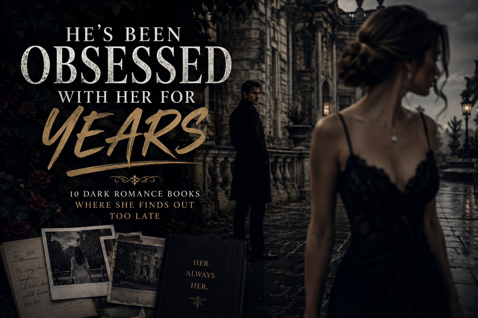 Dark romance books where he has been obsessed with her for years featuring a mysterious possessive man watching a woman from afar.