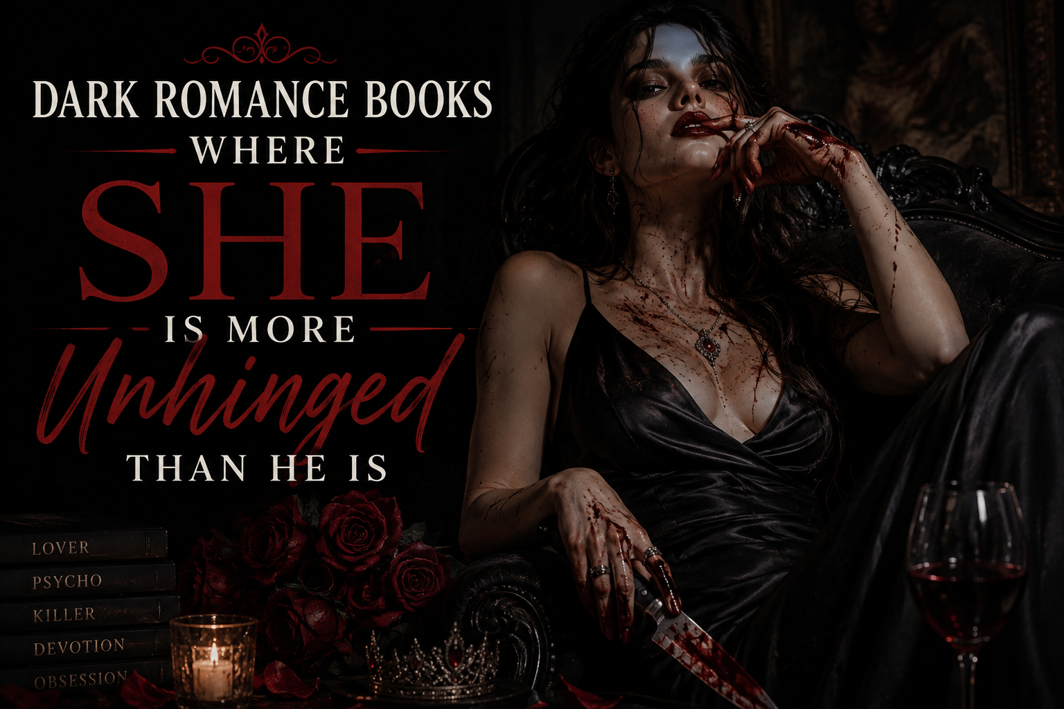 Dark romance books where she is more unhinged than he is featuring a dangerous female main character