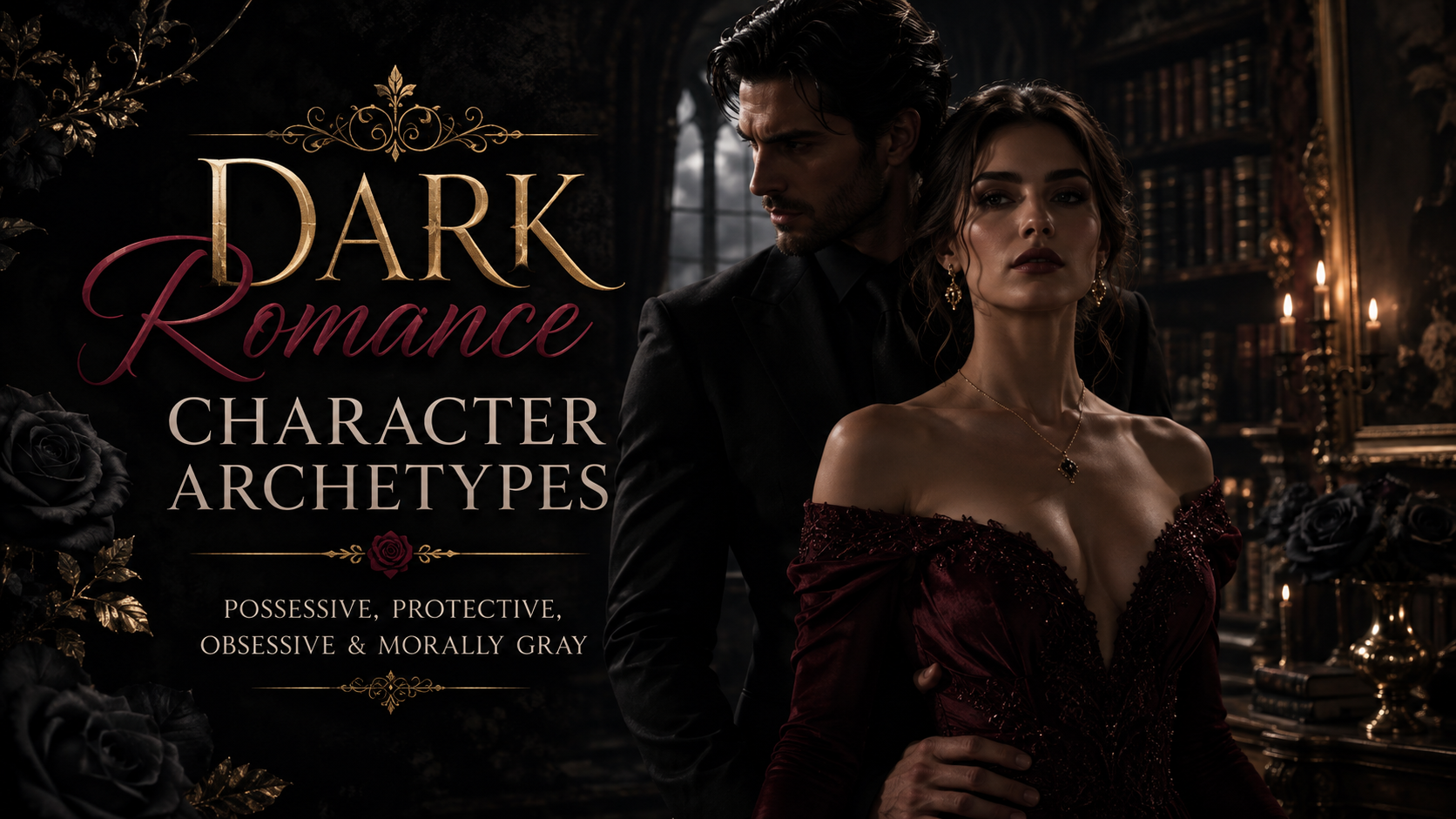 Dark romance character archetypes guide featuring a possessive hero and powerful heroine in a gothic setting.