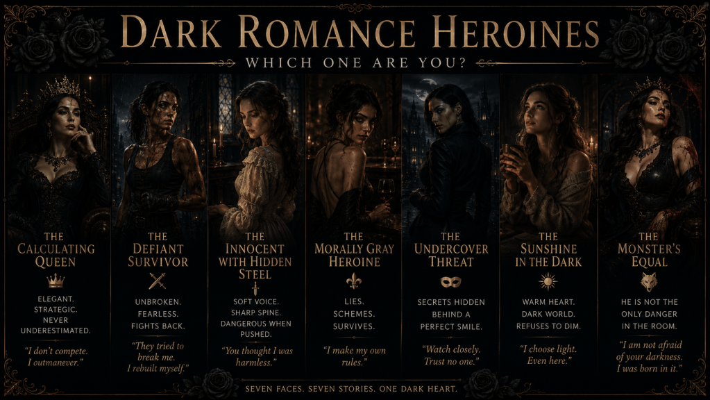 Dark romance heroine archetypes including the calculating queen, survivor, morally gray heroine, and monster’s equal.