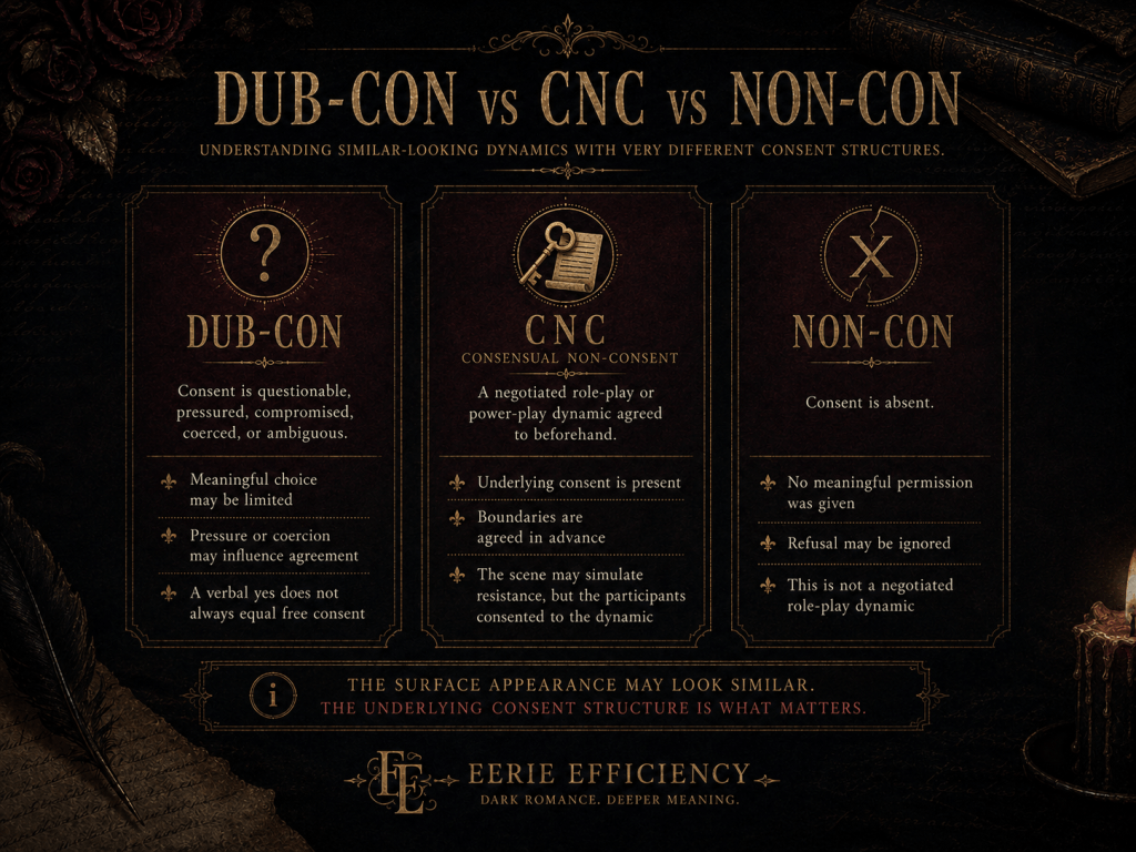 Dub-con vs CNC vs non-con comparison showing differences in fictional consent