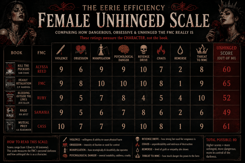 Eerie Efficiency female unhinged scale comparing violence, manipulation, revenge, obsession, and psychological danger