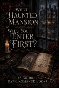 Gothic dark romance reading scene with an antique key, candle, roses, and haunted mansion