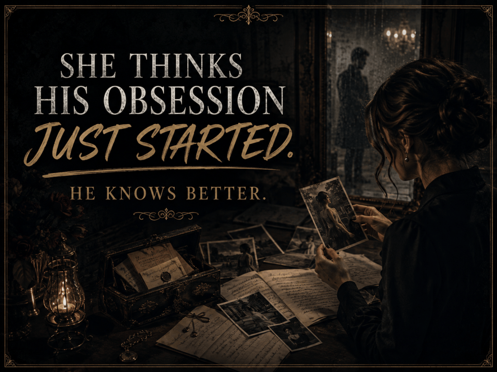 Dark romance artwork representing a heroine discovering that an obsessed hero has wanted and watched her for years.