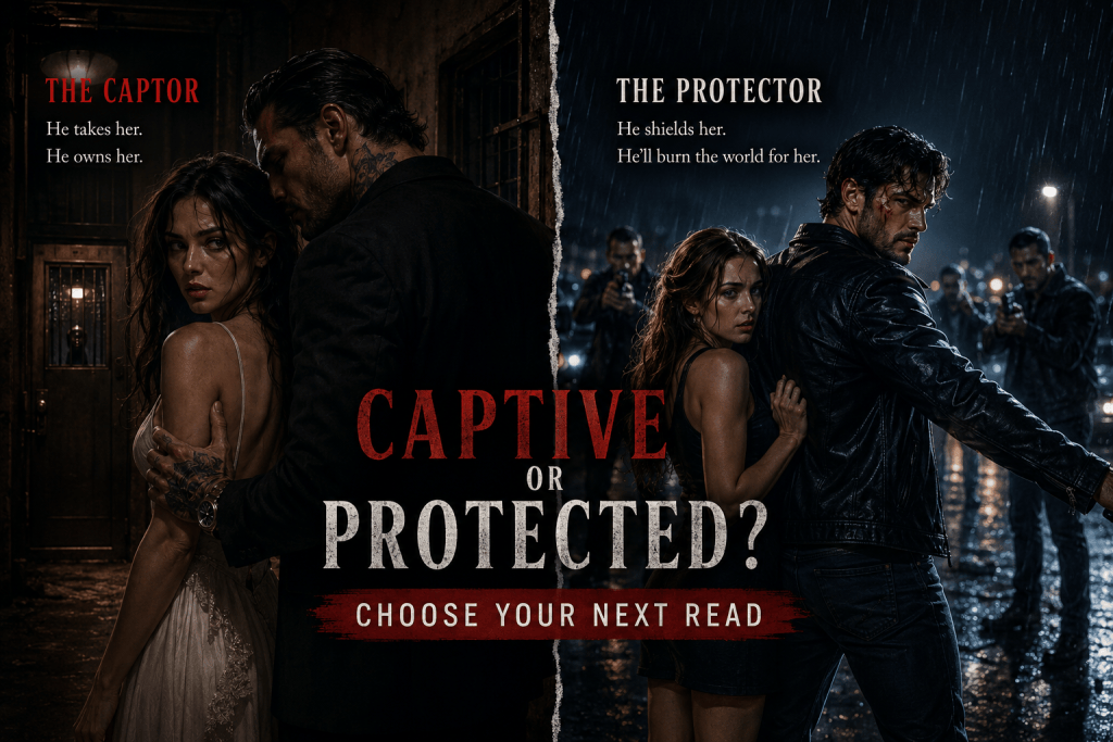 Split scene comparing a threatening mafia captor with a dangerous criminal hero protecting a woman from armed enemies.