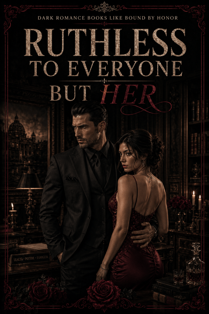 Ruthless mafia husband in a black suit holding his wife close in a dark library while she wears an elegant burgundy dress.