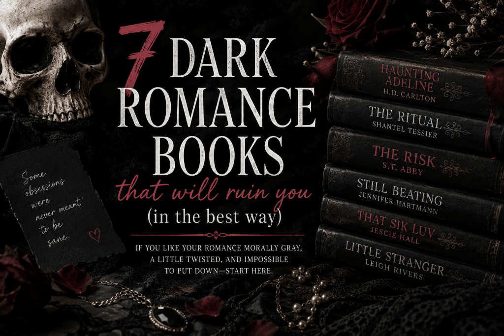 Moody dark-romance reading setup with stacked black books, burgundy roses, candlelight, scattered discussion-style paper notes, and a dramatic black-and-burgundy aesthetic. No visible book covers or Reddit logo.