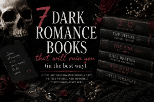 Moody dark-romance reading setup with stacked black books, burgundy roses, candlelight, scattered discussion-style paper notes, and a dramatic black-and-burgundy aesthetic. No visible book covers or Reddit logo.