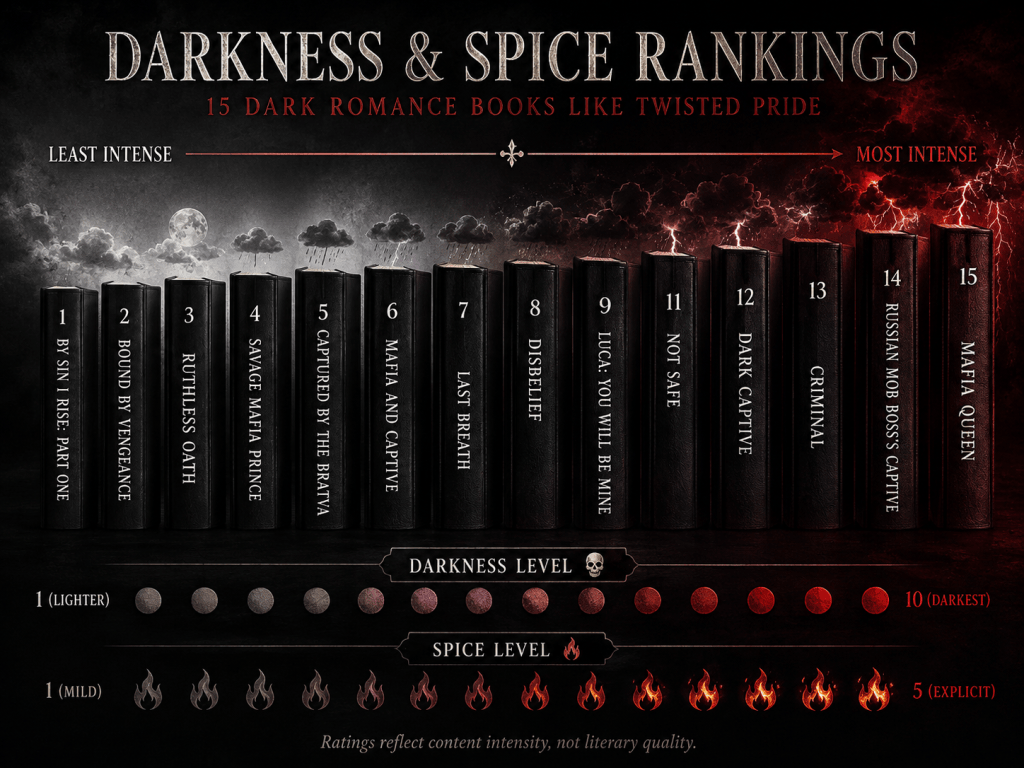 Dark romance book silhouettes arranged by increasing spice and darkness for the Twisted Pride reading comparison chart.
