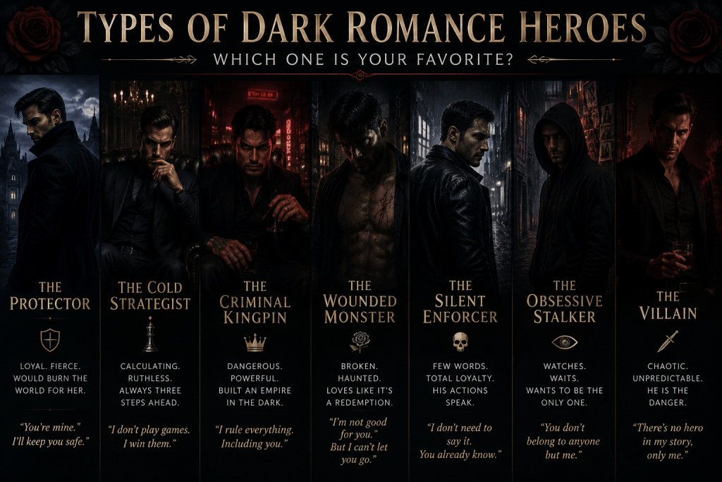 Different dark romance hero archetypes including the villain, protector, stalker, kingpin, and wounded monster.