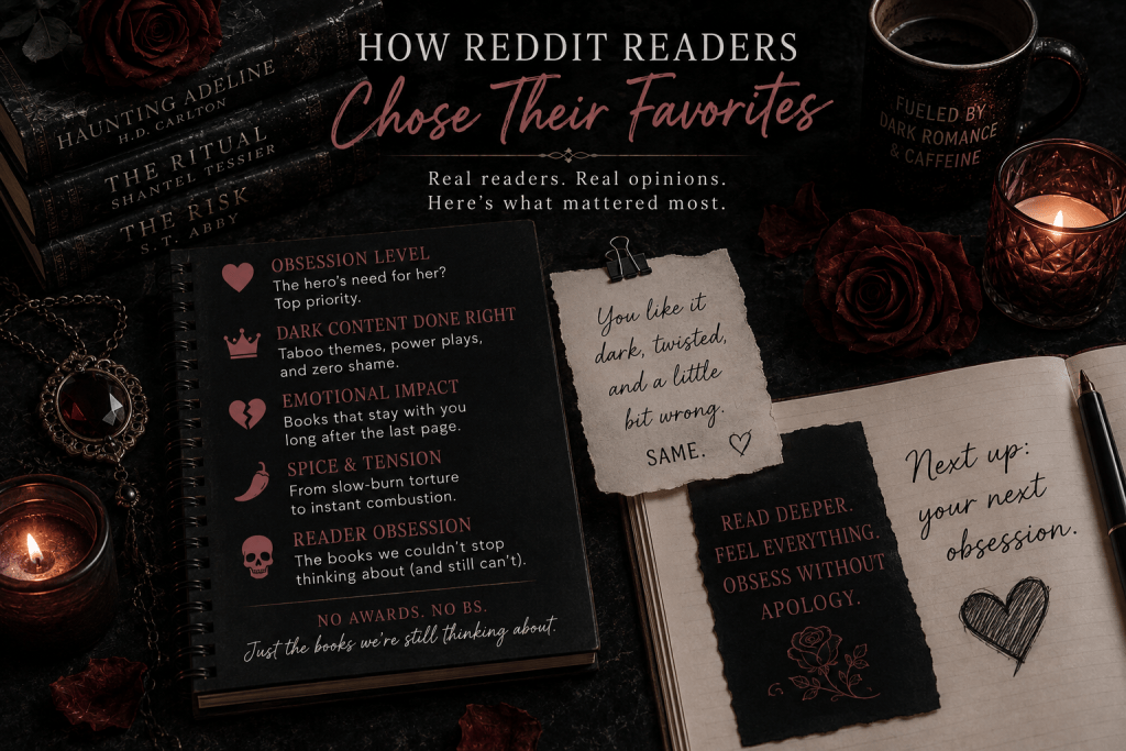 A reader-choice visual with branching paths labeled by themes such as stalking, emotional damage, dangerous heroine, secret society, taboo obsession, and extreme darkness.