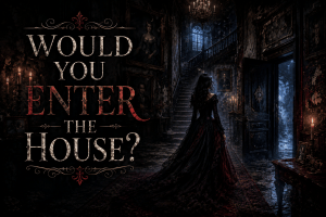 Woman exploring a haunted mansion in a gothic dark romance story