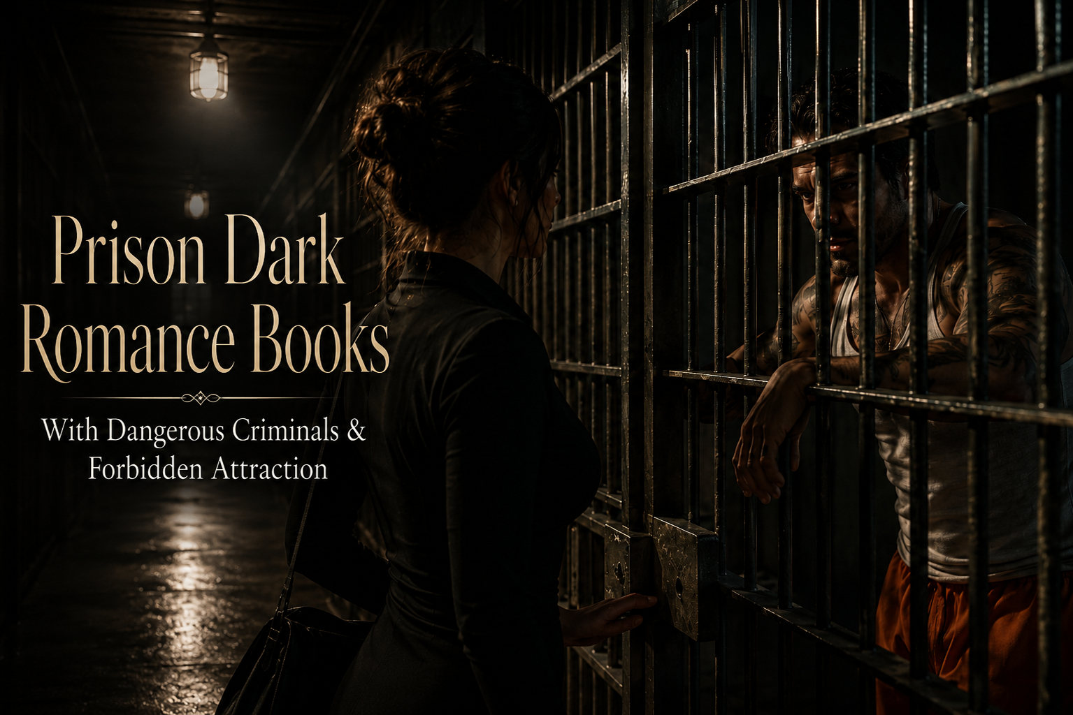 Dark cinematic prison corridor with barred cell doors, shadows, a woman standing outside a cell, and the silhouette of a dangerous male inmate behind the bars. Moody and romantic rather than horror-focused. No text needed.